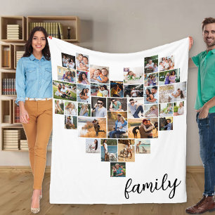 Herzform 36 Foto-Collage Familien Schrift Weiß Fleecedecke