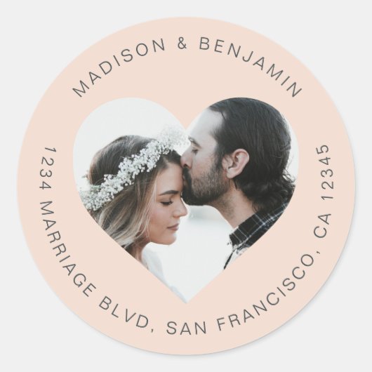 Herzform Foto Hochzeit Rücksendeadresse Rosa Runder Aufkleber (Vorderseite)