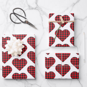 Herzförmig kariertes Rot-Schwarz-Buffalo-Muster Geschenkpapier Set
