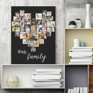 Herzförmige 36-Foto-Collage Unsere Familie Schrift Leinwanddruck