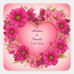 Herzförmige Blume mit rosa Blüten Quadratischer Aufkleber