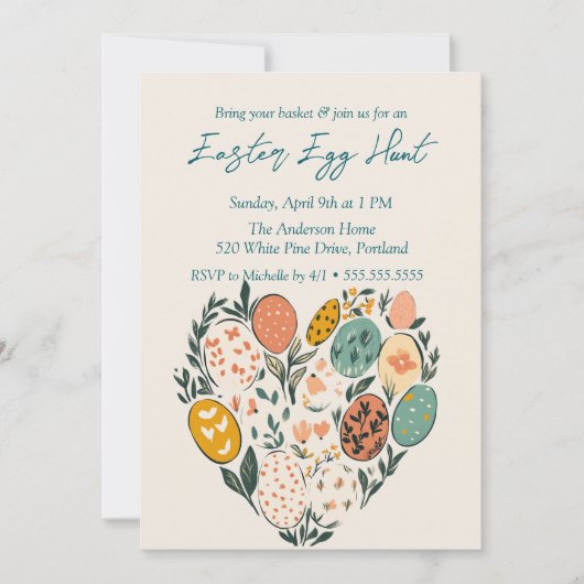 Herzförmige Eier und Blume Ostereier Jagen Einladung (Vorderseite)