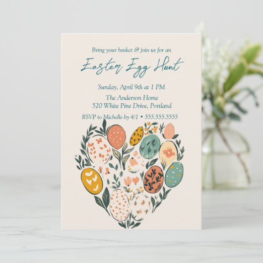 Herzförmige Eier und Blume Ostereier Jagen Einladung (Stehend Vorderseite)