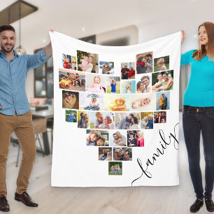 Herzförmige Fotocollage Familien Schrift Weiß Fleecedecke