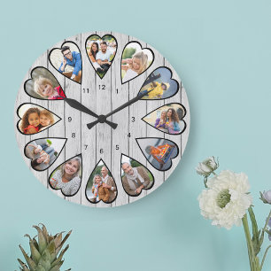 Herzförmige Fotos Hellgrau Holz Große Uhr