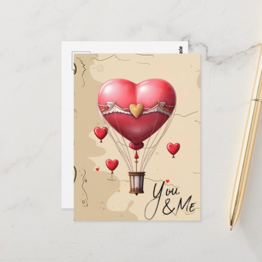 Herzförmige Heißluftballon Romantische Valentinin Postkarte (Vorderseite/Rückseite Beispiel)