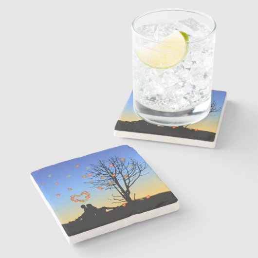 Herzförmige Herbstleaven Steinuntersetzer (Seitenansicht)