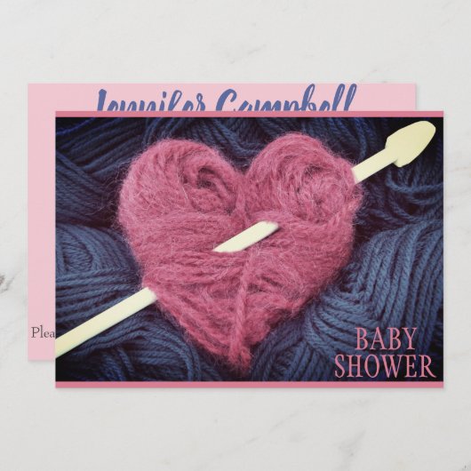 Herzförmige Rosa-Garn-Babydusche Einladung (Vorne/Hinten)