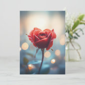 Herzförmige Rote Rose mit Dreamy Bokeh Hintergrund Einladung (Stehend Vorderseite)