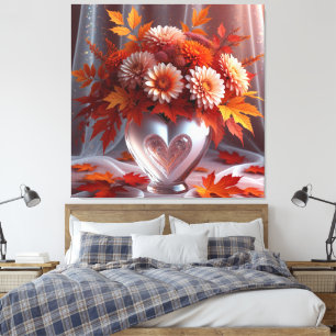 Herzförmige Vase mit lebendigen Herbstblumen Leinwanddruck
