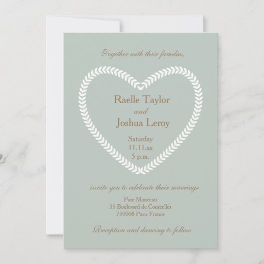 Herzförmige White Sage Gold Hochzeitseinladung Einladung (Vorderseite)