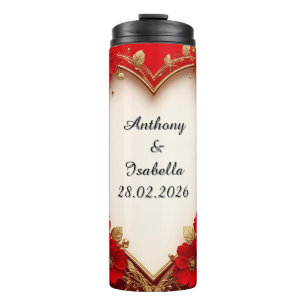 Herzförmiger roter Blumenrahmen mit Glitter Thermosbecher