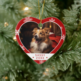 Herzförmiger roter Schneeflocken-Hunde-Foto-Schmuc Keramik Ornament