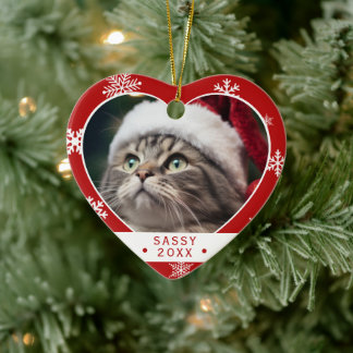Herzförmiger roter Schneeflocken-Katzen-Foto-Schmu Keramik Ornament