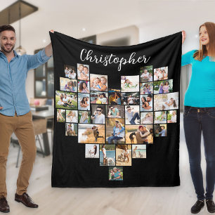 Herzförmiges 36-Foto-Collagen-Script Name Schwarz Fleecedecke