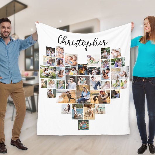 Herzförmiges 36-Foto-Collagen-Script Name Weiß Fleecedecke