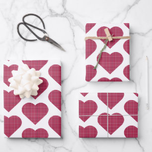 Herzförmiges Karo Rot Pink Geschenkpapier Set