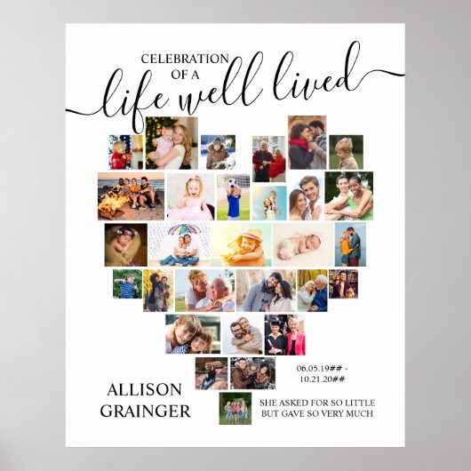 Herzfoto Collage Life gut gelebt Custom Beerdigung Poster (Vorne)
