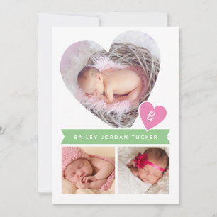 Herzfoto Collage Pink Green Baby Girl Birth Ankündigung