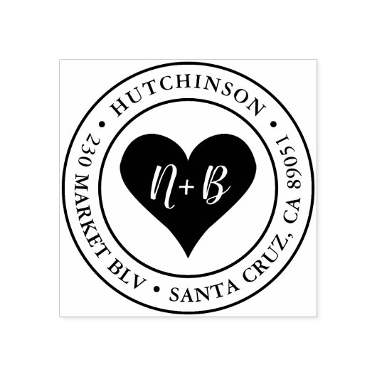 Herzinitialen | Runde Hochzeiten - Rücksendeadress Gummistempel (Prägung)