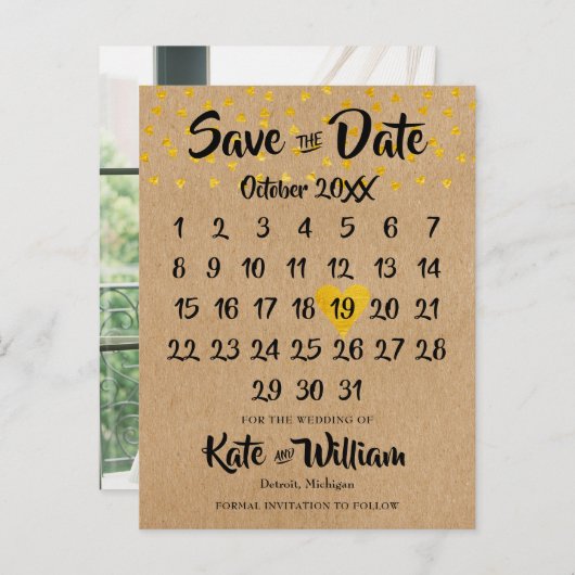 Herzkalender Rustic Boho Foto Save the Date Ankündigungspostkarte (Vorne/Hinten)