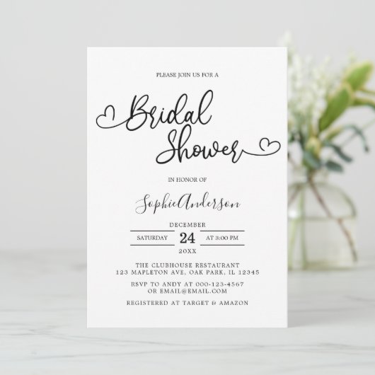 Herzkalligrafie Script Minimalistisches Brautparty Einladung (Stehend Vorderseite)