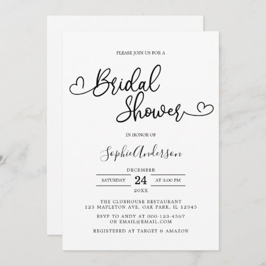 Herzkalligrafie Script Minimalistisches Brautparty Einladung (Vorne/Hinten)