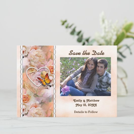 Herzklopfen, orangefarbene Rose, Schmetterlinge Re Save The Date (Stehend Vorderseite)