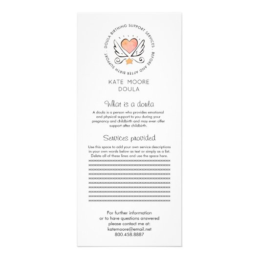 Herzklopfen und Flügel Doula oder Hebamme auf Weiß Werbekarte (Vorne)