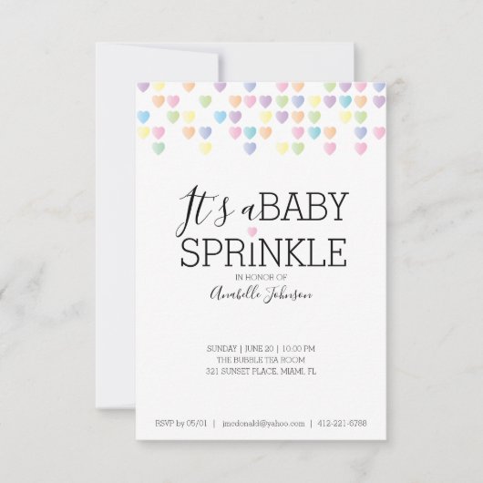 Herzkonfetti BABY SPRINKLE pastellfarbene Regenbog Einladung (Vorderseite)