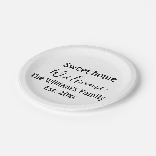 Herzlich willkommen auf der Zuhause! Text Pappteller (Schrägansicht)