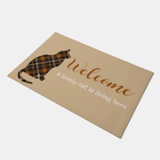 Herzlich willkommen bei karierter Katze Fußmatte (Schrägansicht)