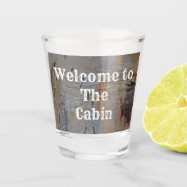 Herzlich willkommen im Nahen Foto Cabin Tree Trunk Schnapsglas