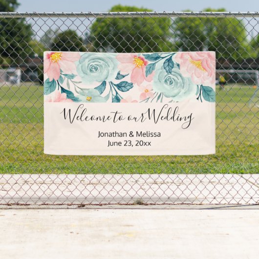 Herzlich willkommen in unserem Hochzeitsrosa & Grü Banner (Insitu)