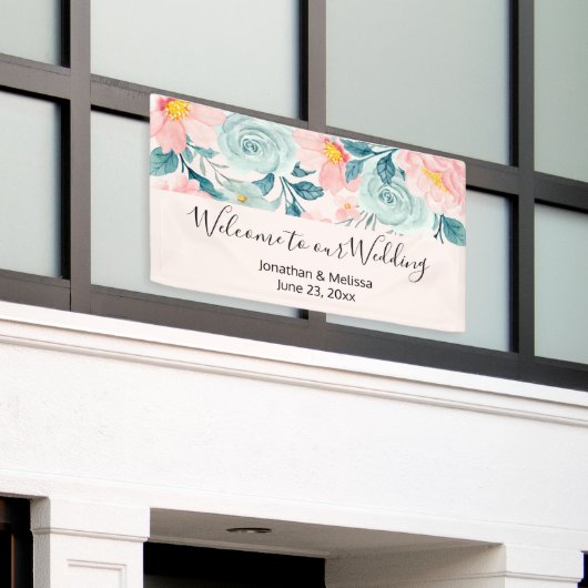 Herzlich willkommen in unserem Hochzeitsrosa & Grü Banner (Äußeres Gebäude)