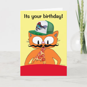 Herzliche Geburtstagspizza-Party-Cartoon-Katze Lus Karte