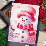 Herzliche Wünsche Adorable Pink Snowman Feiertagskarte<br><div class="desc">Versenden Sie gemütliche Urlaubstage mit dieser bezaubernden Karte mit einem glücklichen Schneemann,  der in einem rosa Hut und Schal gekleidet ist,  Set vor einer verschneiten Kulisse. Die Nachricht "Warmest Wishings" fügt eine herzliche Touch hinzu,  die diese Karte perfekt macht,  um Freunden und Familie in dieser Ferienzeit Beifall zu schenken.</div>