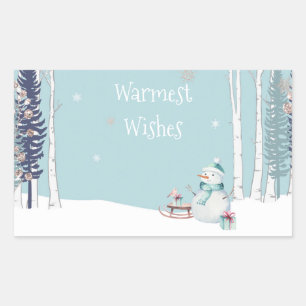 Herzliche Wünsche Schneemann mit Schlittenschnee A Rechteckiger Aufkleber