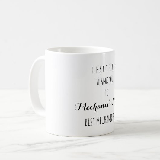 Herzlichen Dank für die beste Mechanik je Name Kaffeetasse (Vorderseite Links)