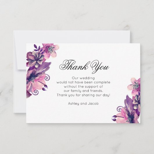 Herzlichen Dank. Lila Hochzeit. Blume Dankeskarte (Vorderseite)