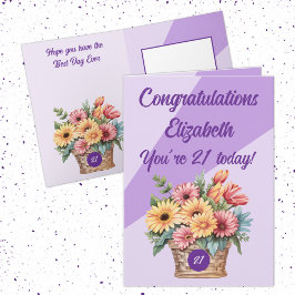 Herzlichen Glückwunsch 21 heute lila Blumengeburts Karte