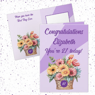 Herzlichen Glückwunsch 21 heute lila Blumengeburts Karte