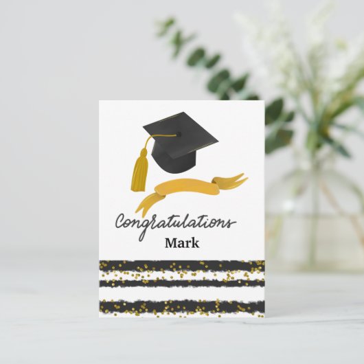 Herzlichen Glückwunsch Abschluss Confetti schwarze Postkarte (Stehend Vorderseite)