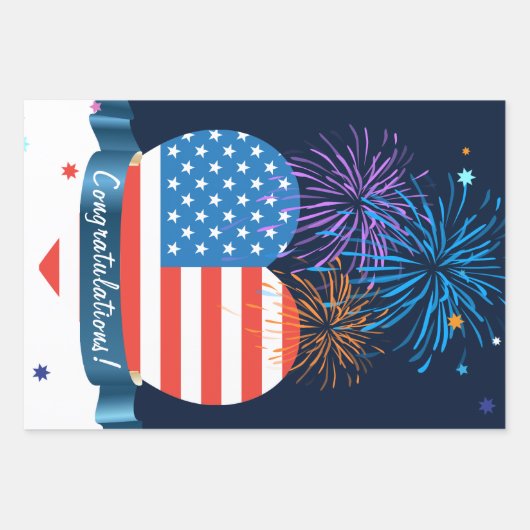 Herzlichen Glückwunsch! Amerikanische Flagge 4. Ju Geschenkpapier Set (Vorderseite)