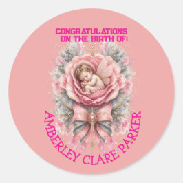 Herzlichen Glückwunsch Baby Fee Mädchen Pink Rose  Runder Aufkleber