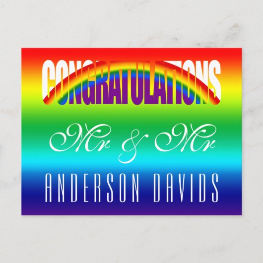 Herzlichen Glückwunsch Gay Couple Bright Rainbow F Postkarte (Vorderseite)