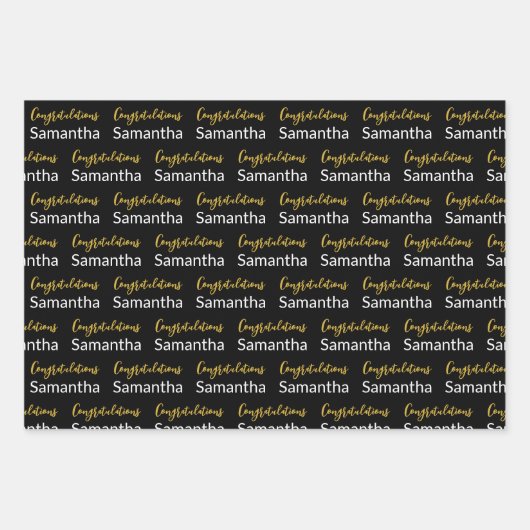 Herzlichen Glückwunsch Gold Script Schwarz-Weiß-Na Geschenkpapier Set (Vorderseite)