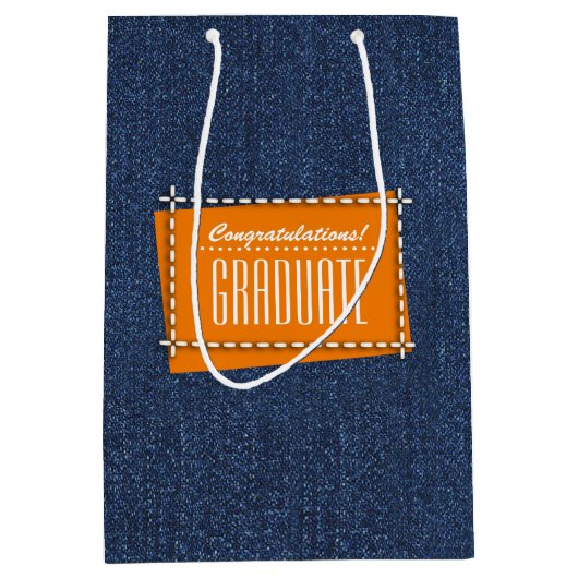 Herzlichen Glückwunsch Grad. Blue Denim Pattern Mittlere Geschenktüte (Vorderseite)