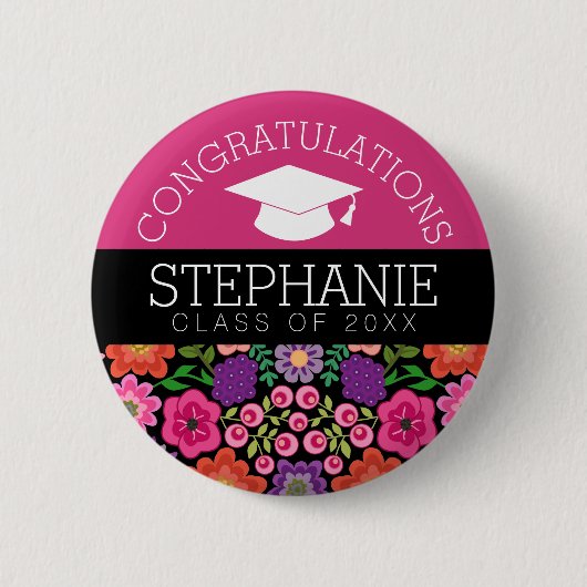 Herzlichen Glückwunsch Graduate Girly Blume Abschl Button (Vorderseite)