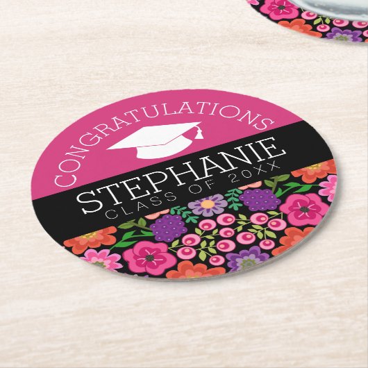 Herzlichen Glückwunsch Graduate Girly Blume Abschl Runder Pappuntersetzer (Angewinkelt)